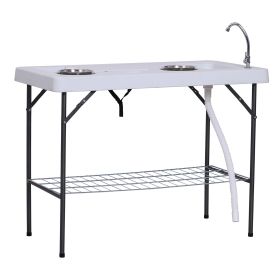 Outsunny Folding Fish Cleaning Table with Sink, Portable Camping Table with Faucet Drainage Hose, Grid Rack and Fish Cleaning Kit for Picnic, Fishing